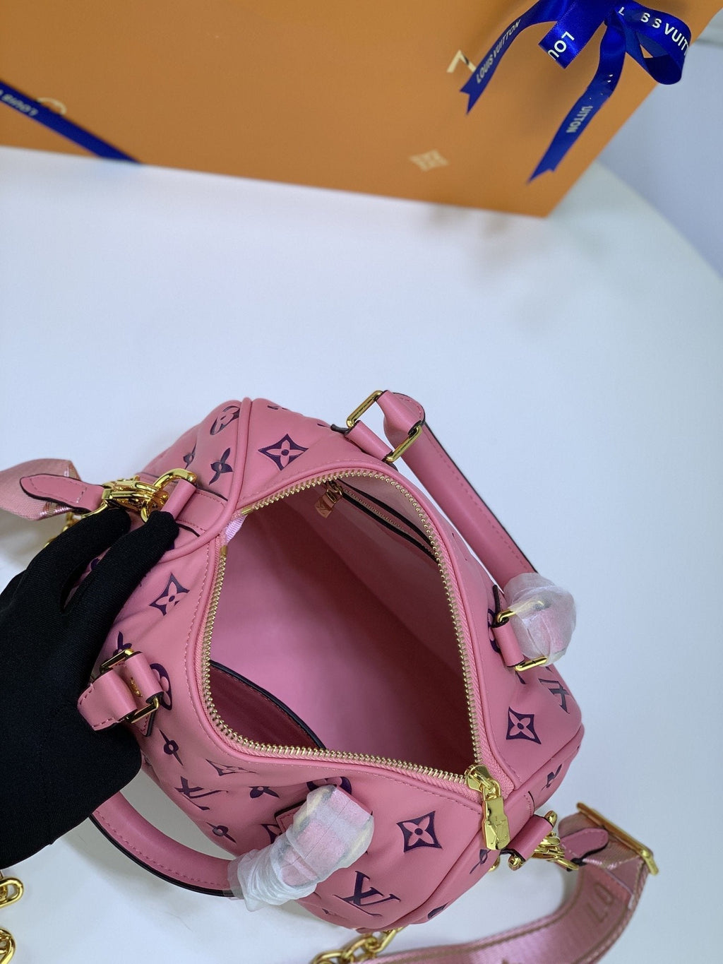 SPEEDY 22 PINK BLACK MONOGRAM EPROSSED LAMBSKIN