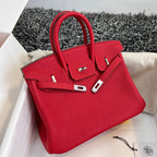 HM Birkin 25 cm, rotes Togo-Leder, silberne Beschläge