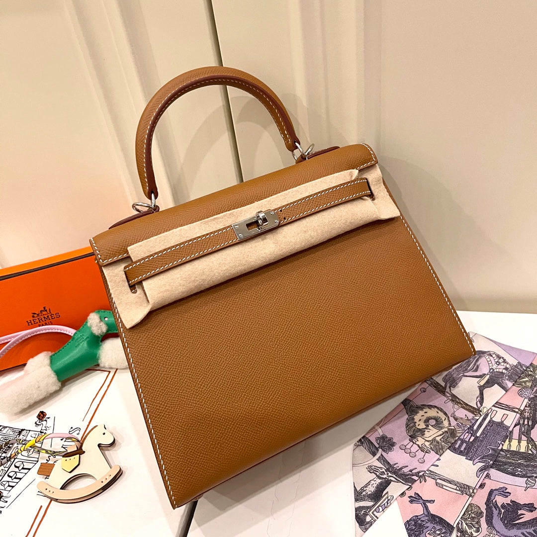 HM KELLY 25CM GOLD EPSOM LEDER SILBERNE BESCHLÄGE