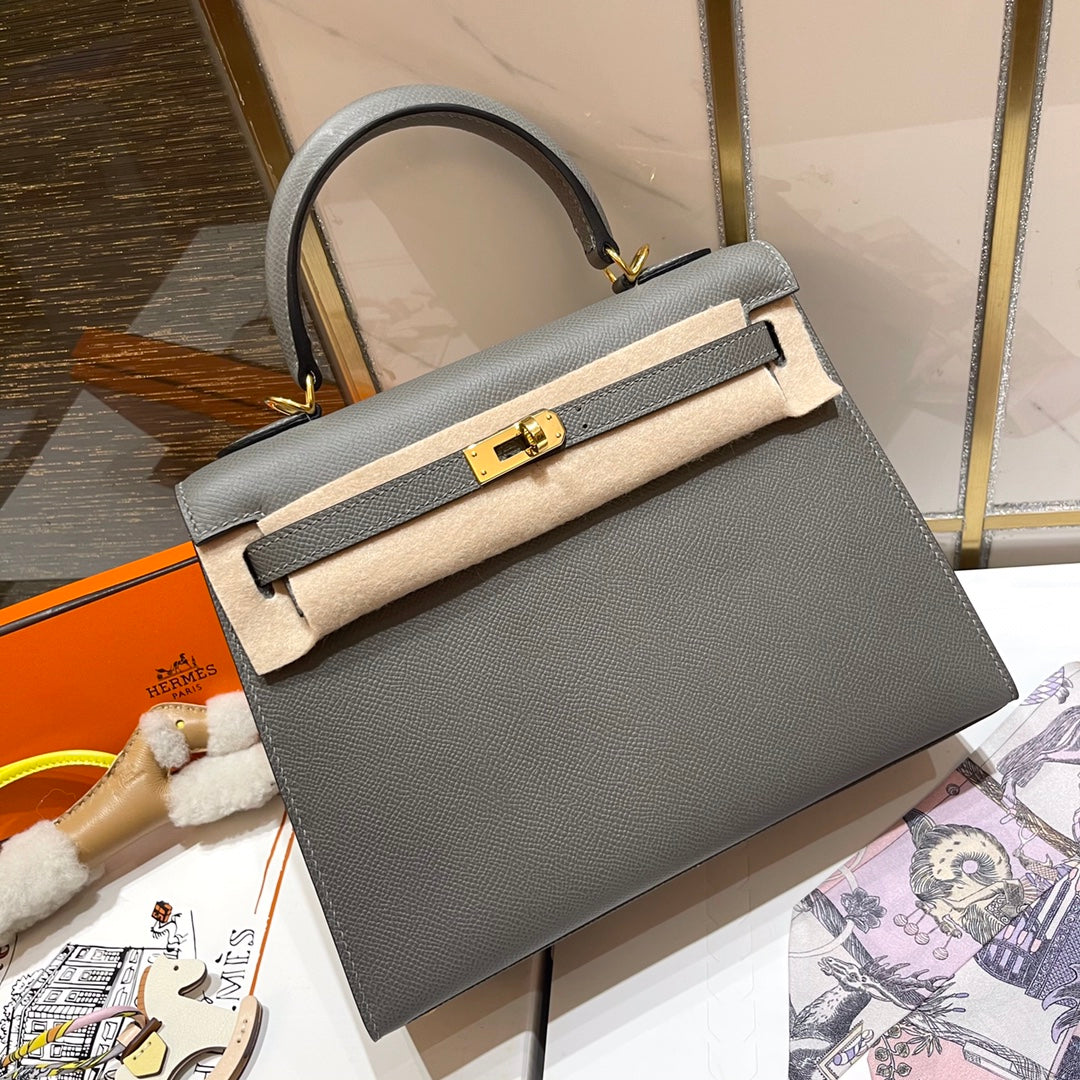 HM KELLY 25CM GRIS MOUETTE EPSOM LEDER GOLDENE BESCHLÄGE