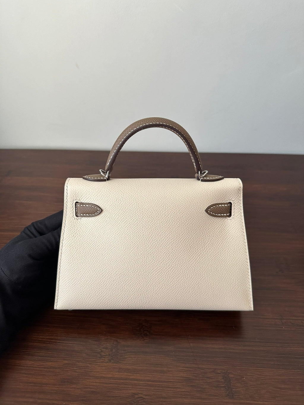 HM KELLY MINI 20 WEISS ETAIN EPSOM SILBERBESCHLÄGE