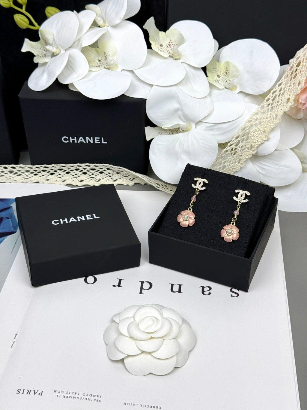[⭐JeweliWhal]26C Pink Camellia Enamel Pendant with Double C Earrings