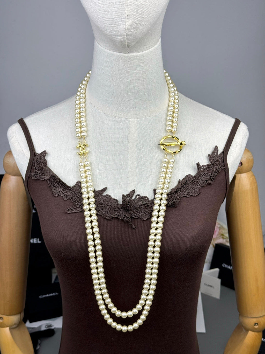 [⭐JeweliWhal]25K Pencil Double C Double-Layer Pearl Sweater Chain