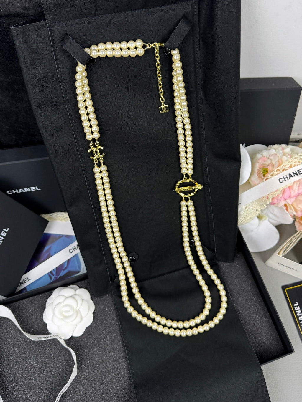 [⭐JeweliWhal]25K Pencil Double C Double-Layer Pearl Sweater Chain