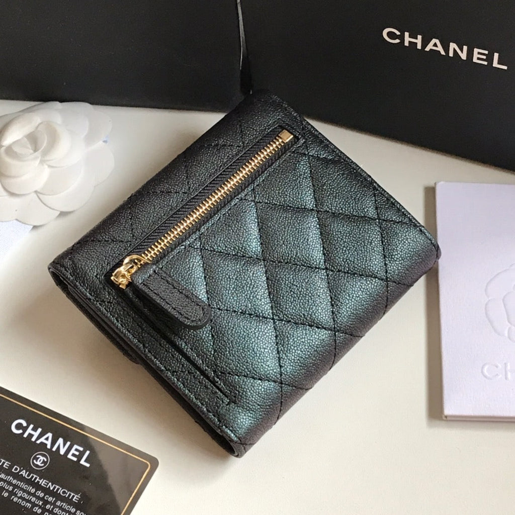 Kartenetui mit Klappe, 11,5 cm, schwarzes genarbtes Kalbsleder, Gold Icon