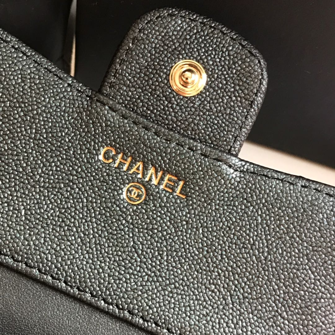 Kartenetui mit Klappe, 11,5 cm, schwarzes genarbtes Kalbsleder, Gold Icon