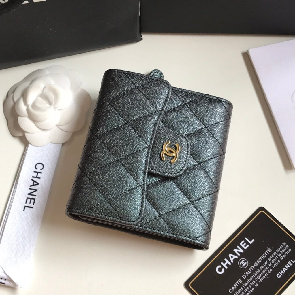 Kartenetui mit Klappe, 11,5 cm, schwarzes genarbtes Kalbsleder, Gold Icon