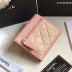 CC FLAP CARD HOLDER 11.5 PALE PINK GRAINED CALFSKIN GOLD ICON