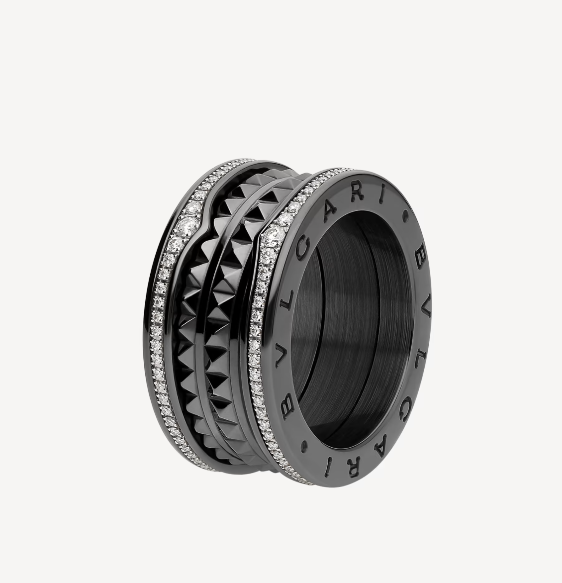 ¡®Jewelicorn¡¯ZERO 1 ROCK FOUR-BAND BLACK CERAMIC WITH STUDDED SPIRAL AND PAVED DIAMONDS RING