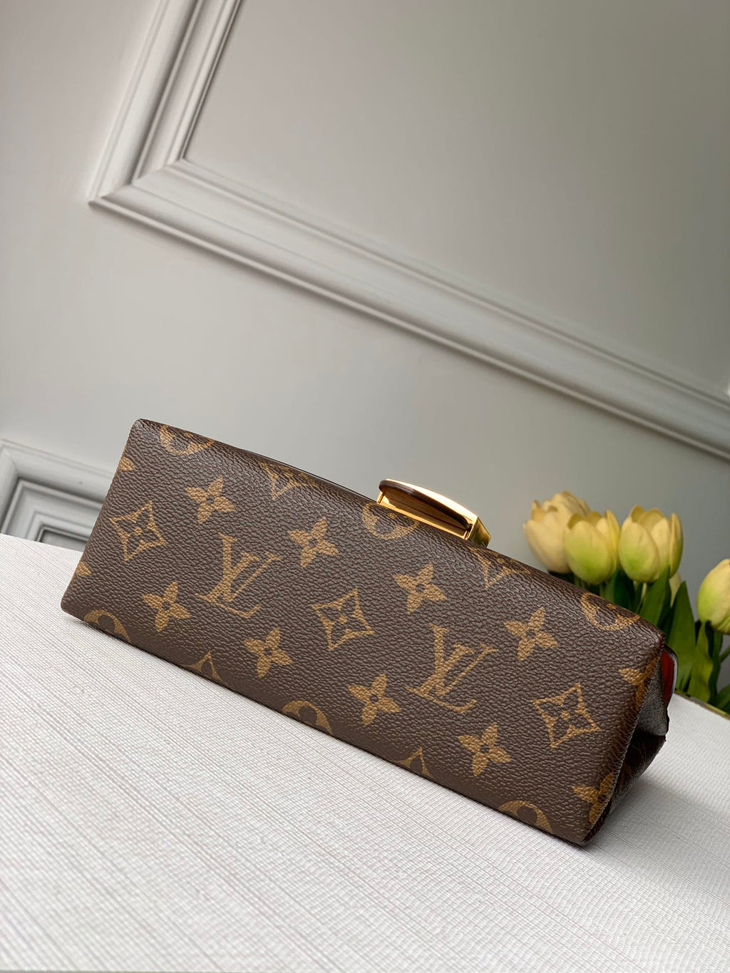 LOCKY BB 21 IN BRAUNER MONOGRAMM-CANVAS UND ROTES KALBSLEDER MIT GOLDENER SCHNALLE