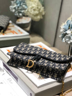 CD Saddle Pouch With Chain Blue Obique Embroidery