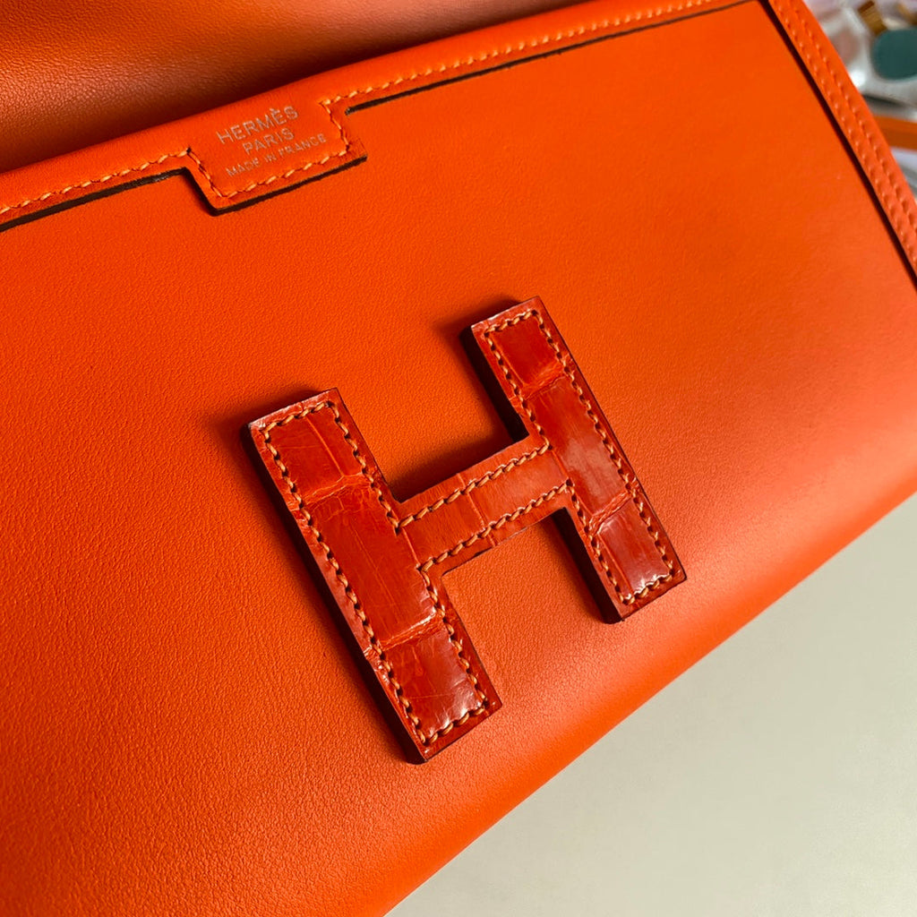 JIGE ELAN 29 CLUTCH IN BRIGHT ORANGE CALFSKIN WITH LIZARD SKIN (MADE-TO-ODER)