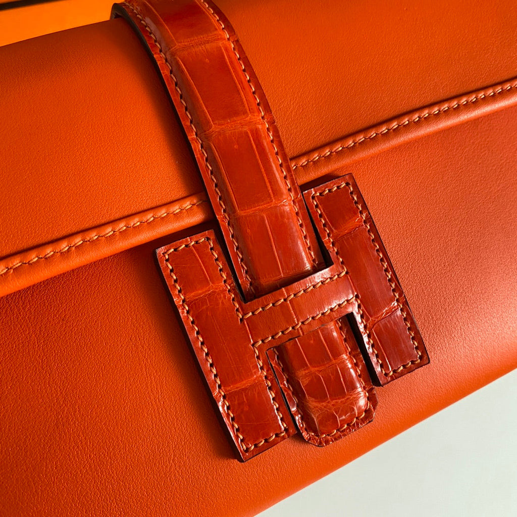 JIGE ELAN 29 CLUTCH IN BRIGHT ORANGE CALFSKIN WITH LIZARD SKIN (MADE-TO-ODER)