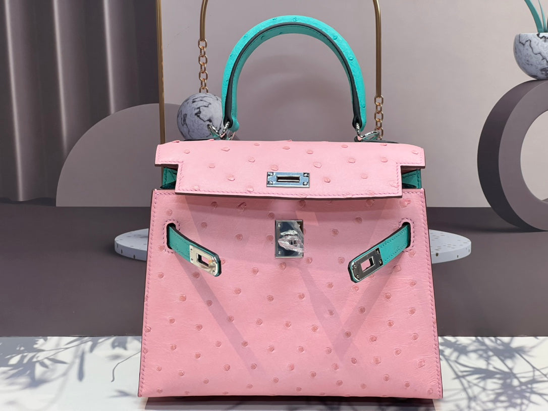 KELLY BAG 20 IN FLAMINGO PINK MIX CYAN BLUE OSTRICH LEATHER WITH SILVER HARDWARE (MADE-TO-ODER)