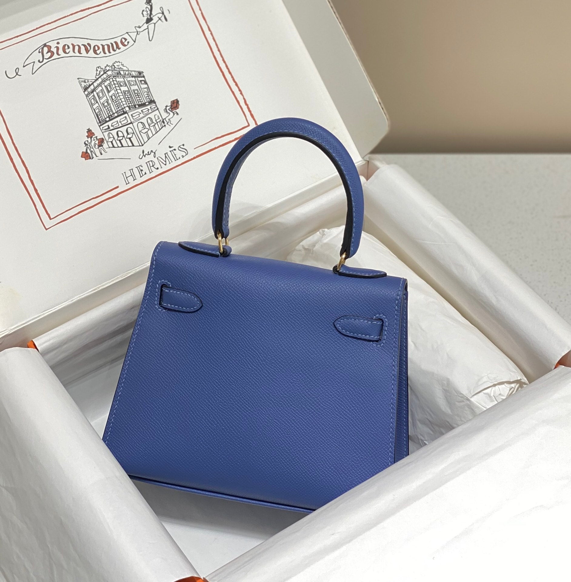 KELLY MINI 20 BAG IN AZURE BLUE CALFSKIN WITH GOLD HARDWARE (MADE-TO-ODER)