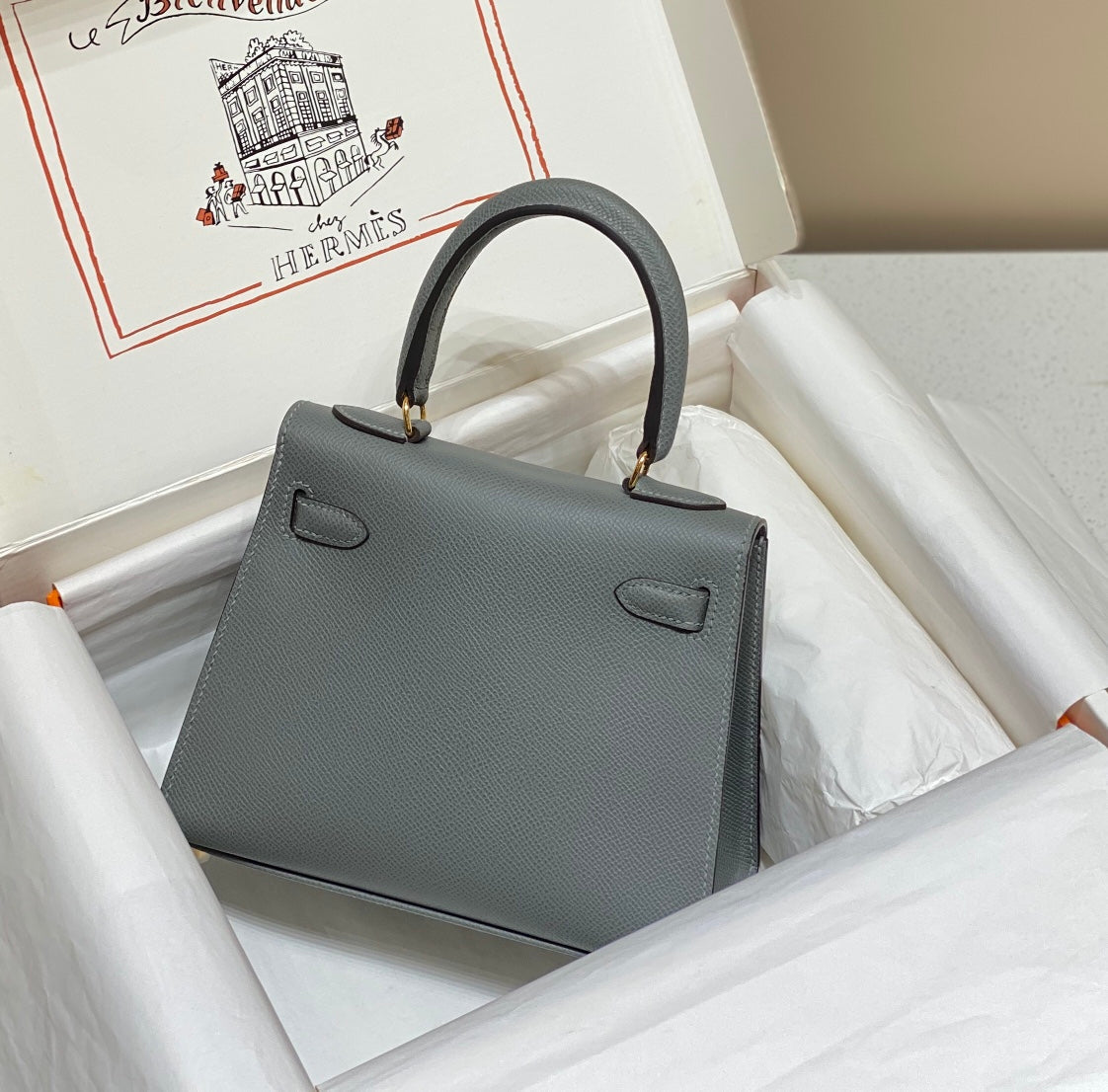 KELLY MINI 20 BAG IN SHARK GRAY CALFSKIN WITH GOLD HARDWARE (MADE-TO-ODER)