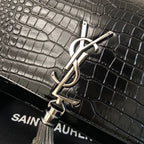 KATE TASSEL 24 CROCODILE PATTERN CALFSKIN BLACK WITH SILVER LOGO