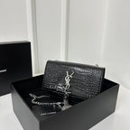 KATE TASSEL 20 BLACK CROCODILE PATTERN CALFSKIN WITH SILVER LOGO