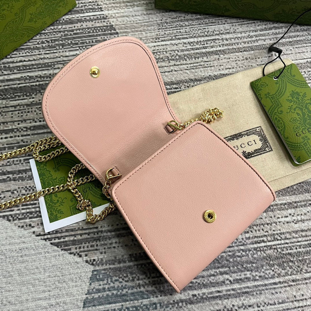 BLONDIE INTERLOCK MINI-SCHULTERTASCHE 12 ZOLL HELLROSA KALBSLEDER GOLDKETTE