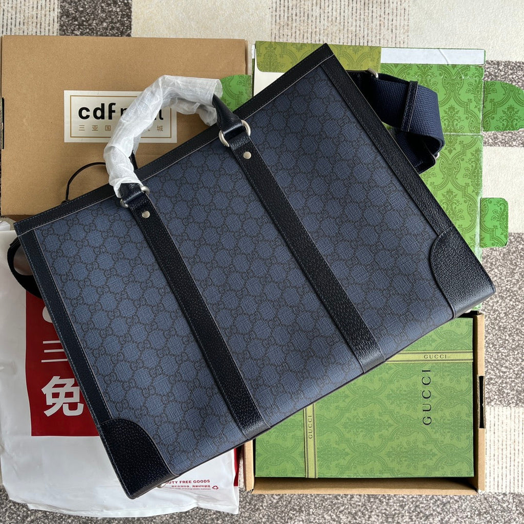 OPHIDIA LARGE TOTE BAG 43 IN DARK BLUE AND BLACK GG CALFSKIN