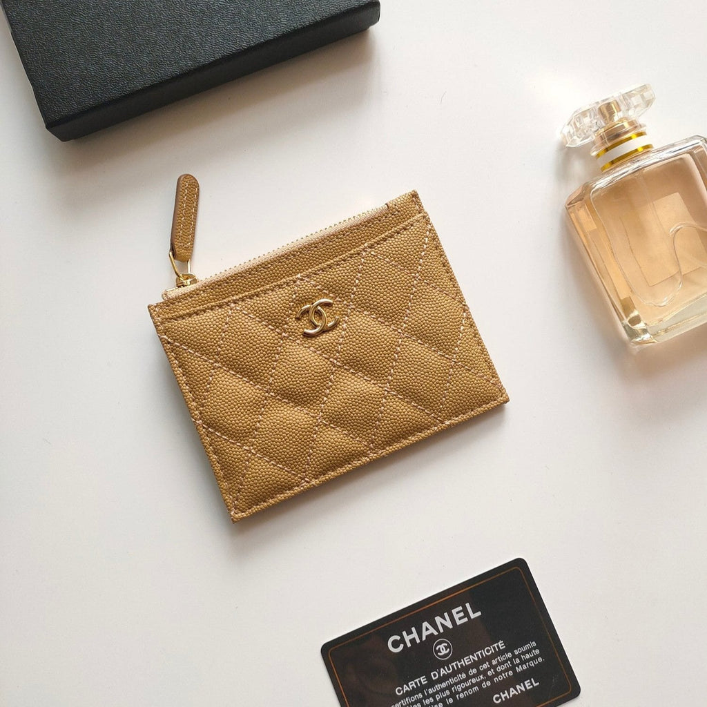 Kartenetui mit Reißverschluss, 11,5 cm, bernsteinfarbenes genarbtes Kalbsleder, Gold Icon