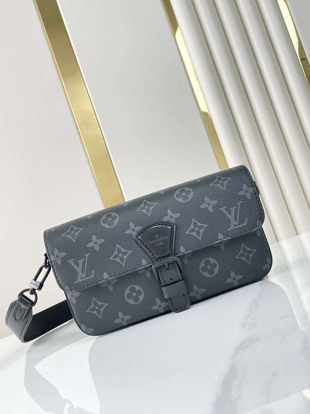 MONTSOURIS TRAGBARES GELDBÖRSE 22 IN GUN METAL MONOGRAM ECLIPSE CANVAS