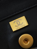 PEARL ATTACHED FLAP BAG 19 IN BLACK QUILTED LAMBSKIN GOLD HARDWARE