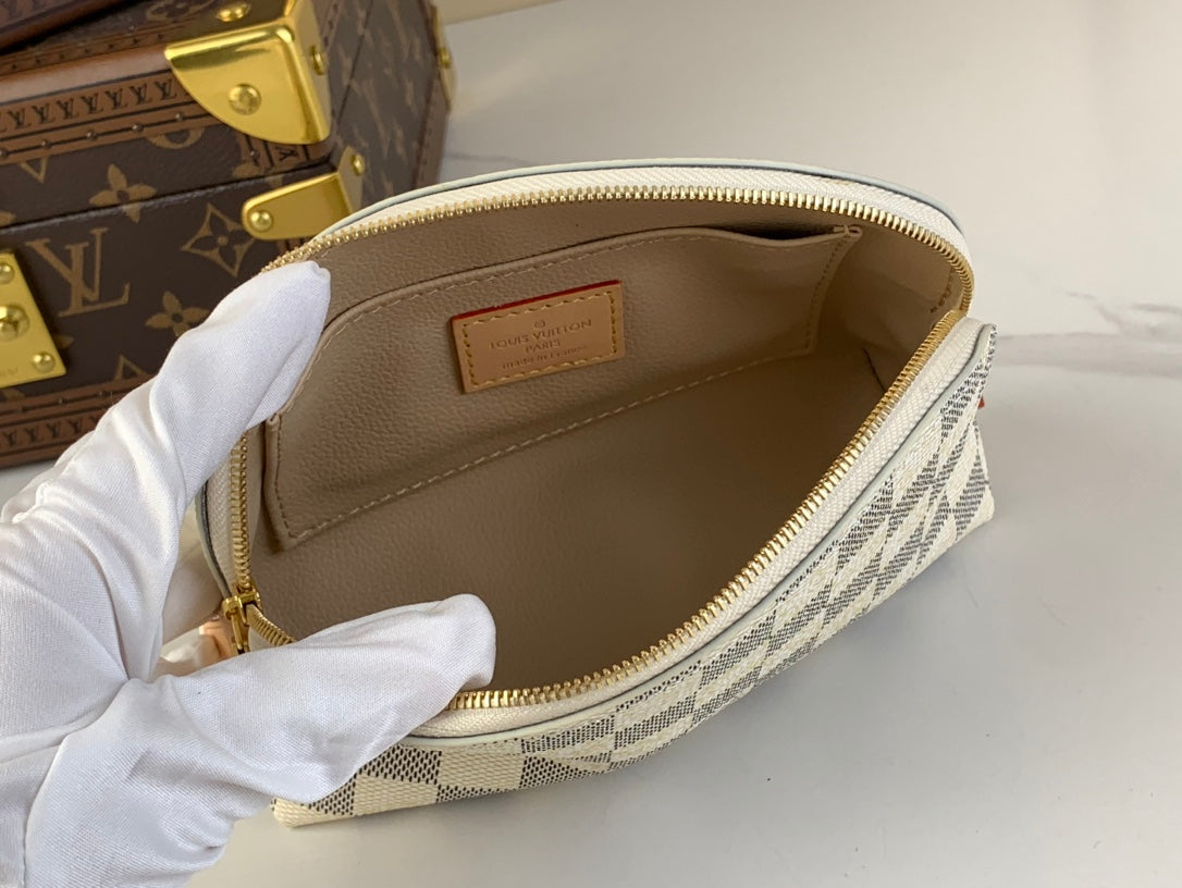 Kosmetiktasche PM 19 in Weiß-Grau Damier Azur Canvas