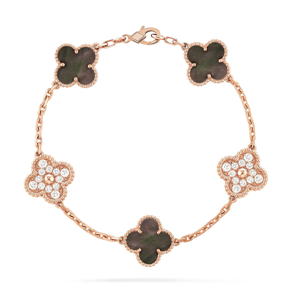 ¡®Jewelicorn¡¯CLOVER 5 MOTIFS DARK MOP AND DIAMONDS PINK GOLD BRACELET
