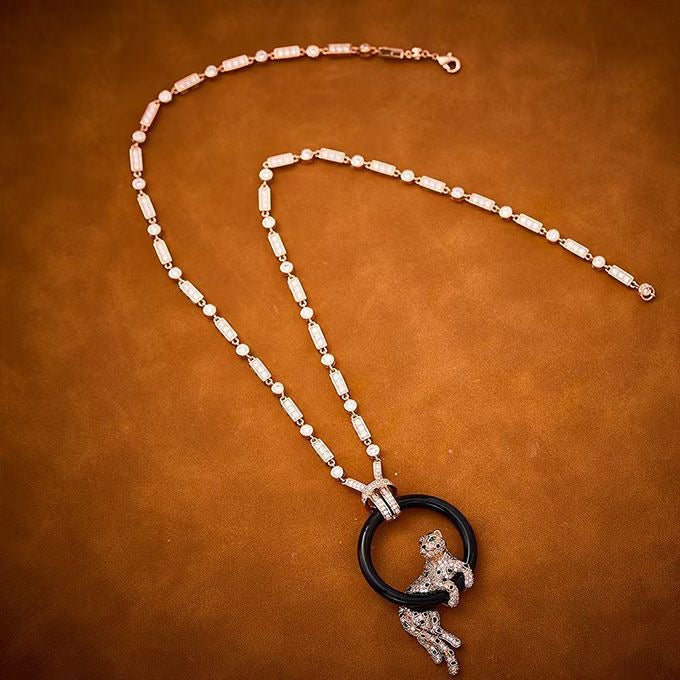 [⭐JeweliWhal]NEW BLACK CIRCLE PANTHER FULL DIAMOND NECKLACE