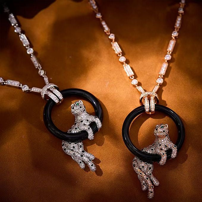[⭐JeweliWhal]NEW BLACK CIRCLE PANTHER FULL DIAMOND NECKLACE