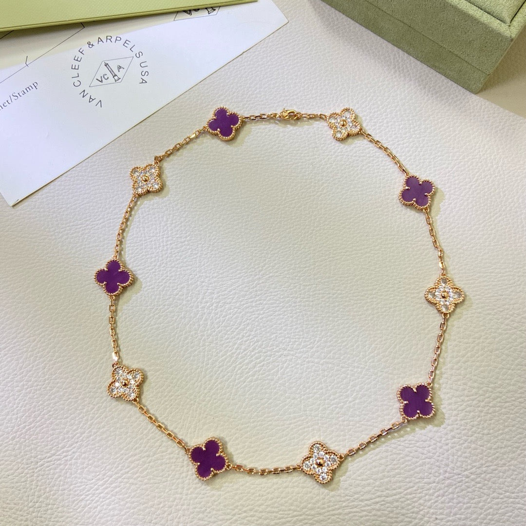 Jewelicorn Kleeblatt-Halskette mit 10 Motiven, lila-violett, mit Diamanten