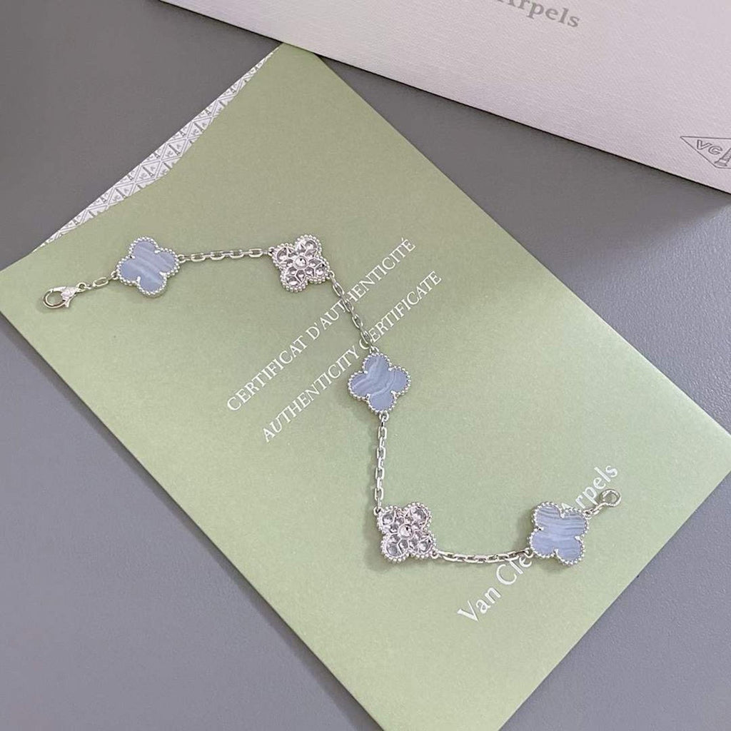 ®Jewelicorn®クローバー 5モチーフ ダイヤモンド パープル カルセドニー ブレスレット シルバー