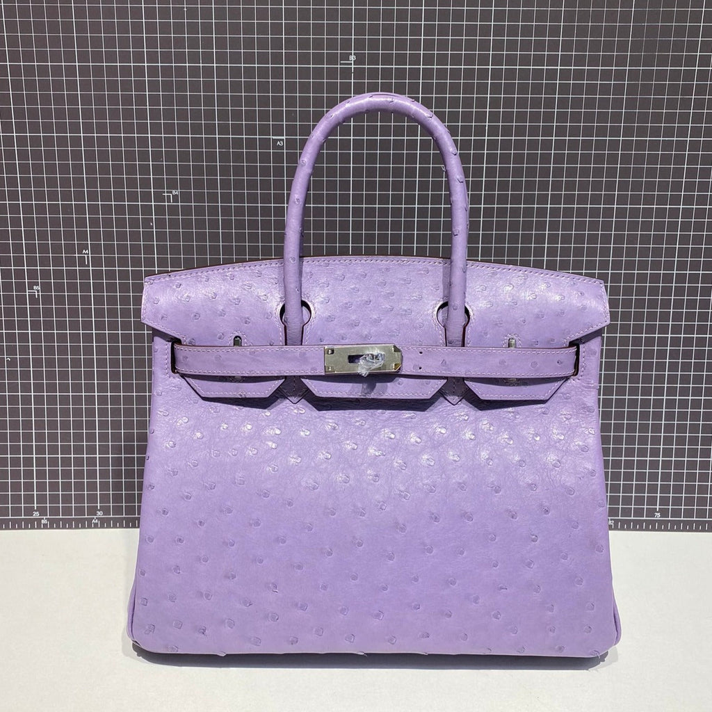 HM Birkin 30 cm Lila Straußenleder Silberne Beschläge (Auf Bestellung gefertigt)