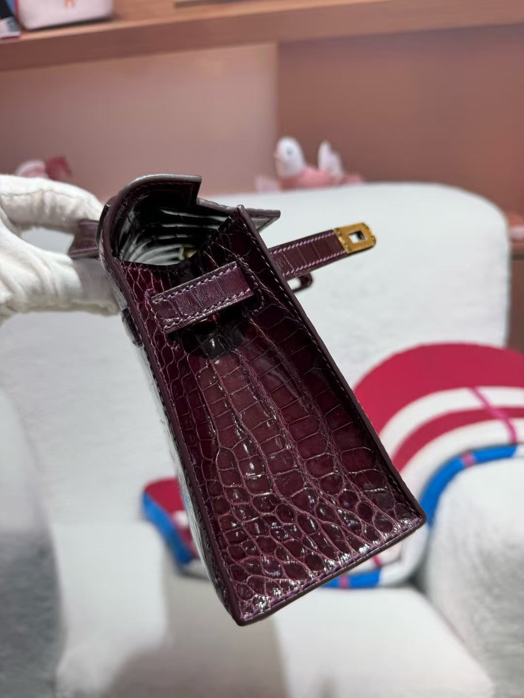 HM KELLY MINI 22 BORDEAUX RED AMERICAN ALLIGATOR GOLD BUCKLE (MADE-TO-ODER)