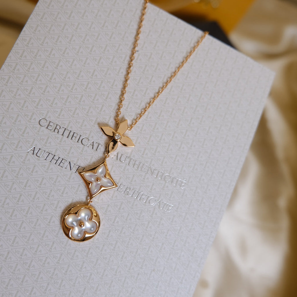 Jewelicorn Color Blossom Lariat Halskette, roségolden, weiß, Perlmutt und Diamanten