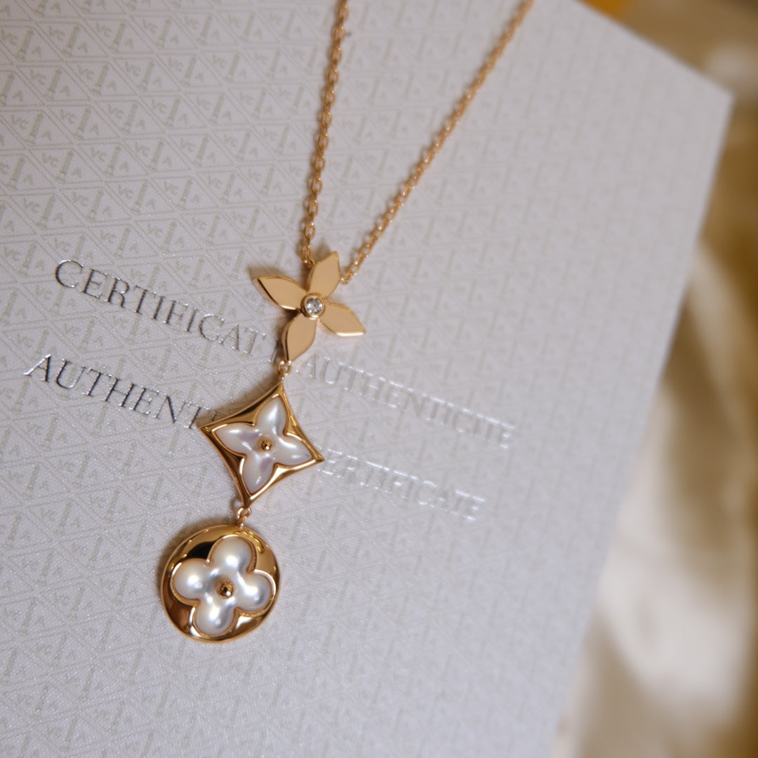 Jewelicorn Color Blossom Lariat Halskette, roségolden, weiß, Perlmutt und Diamanten