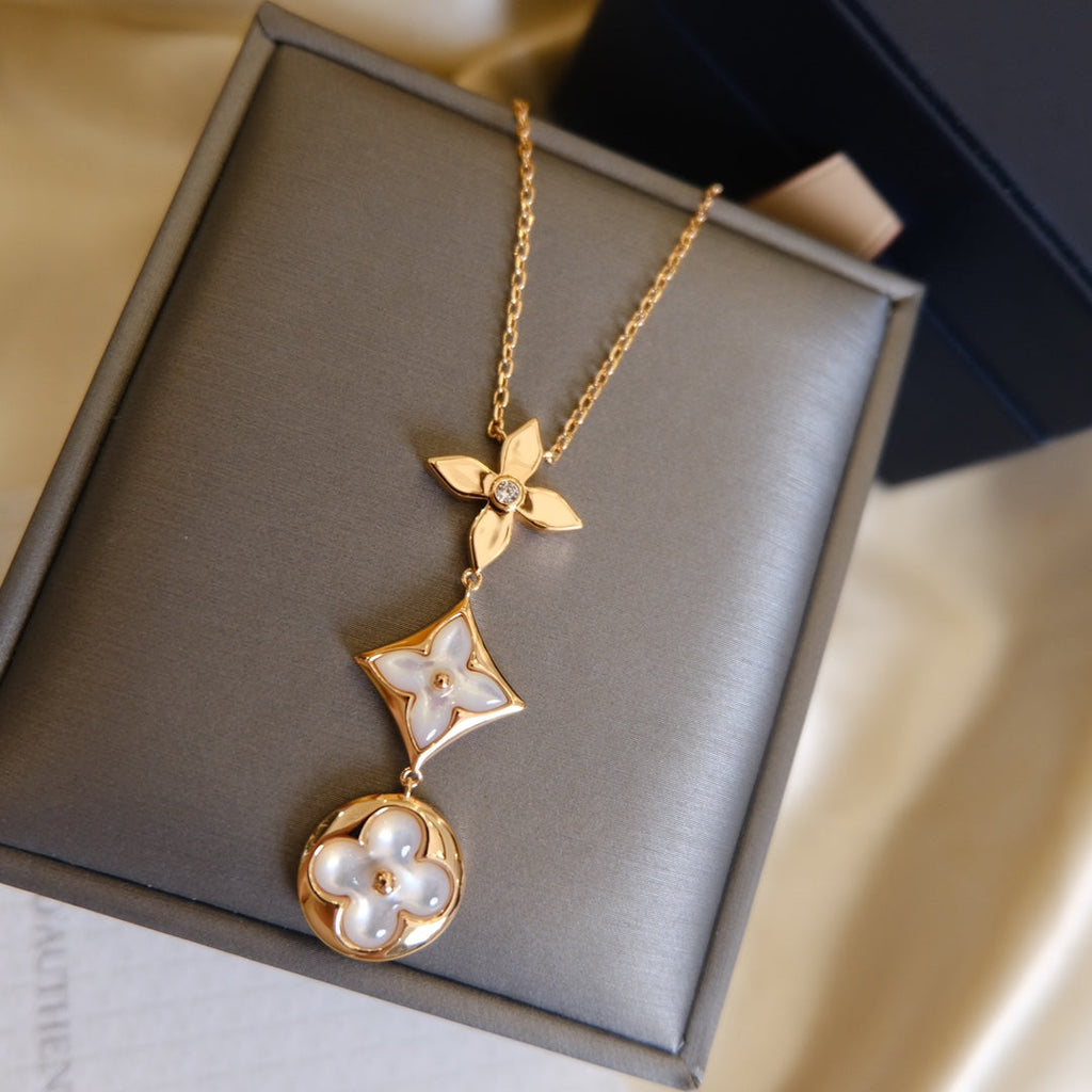 Jewelicorn Color Blossom Lariat Halskette, roségolden, weiß, Perlmutt und Diamanten