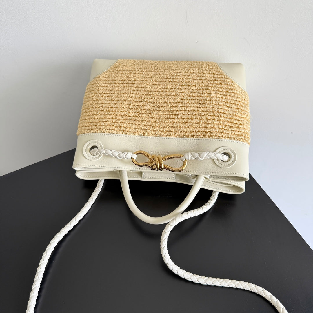 BOTTEGA VENETA 25S SMALL ANDIAMO 25 IN IVORY CALFSKIN AND RAFFIA