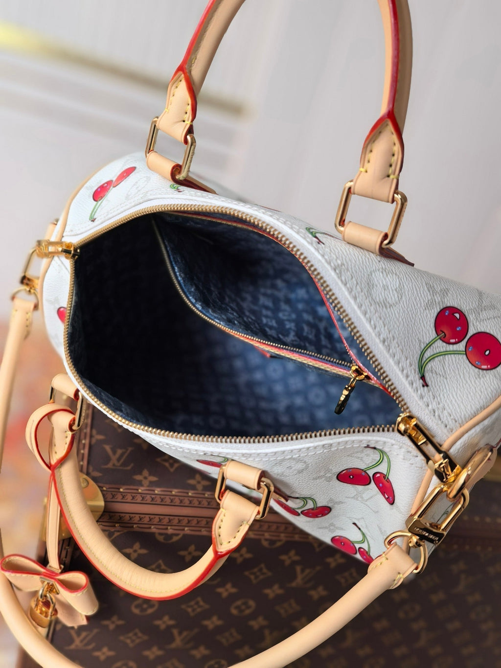 LV 25S SPEEDY SOFT 30 IN WHITE CANVAS MONOGRAM CHERRY PRINT GOLD HARDWARE