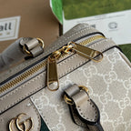 OPHIDIA SMALL TOP HANDLE BAG 26 IN BEIGE WHITE CANVAS AND OAT CALFSKIN TRIM GOLD HARDWARE