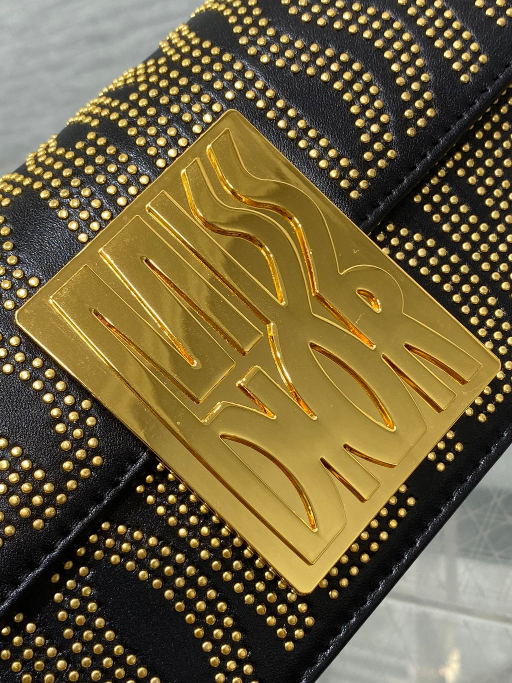 MINI FLAP BAG 18 IN BLACK LAMBSKIN WITH GOLD RHINSTONES