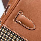 QUADRILLE BIRKIN 30CM IN GOLD SWIFT CALFSKIN AND BLACK/WHITE/BROWN TOILE CANVAS