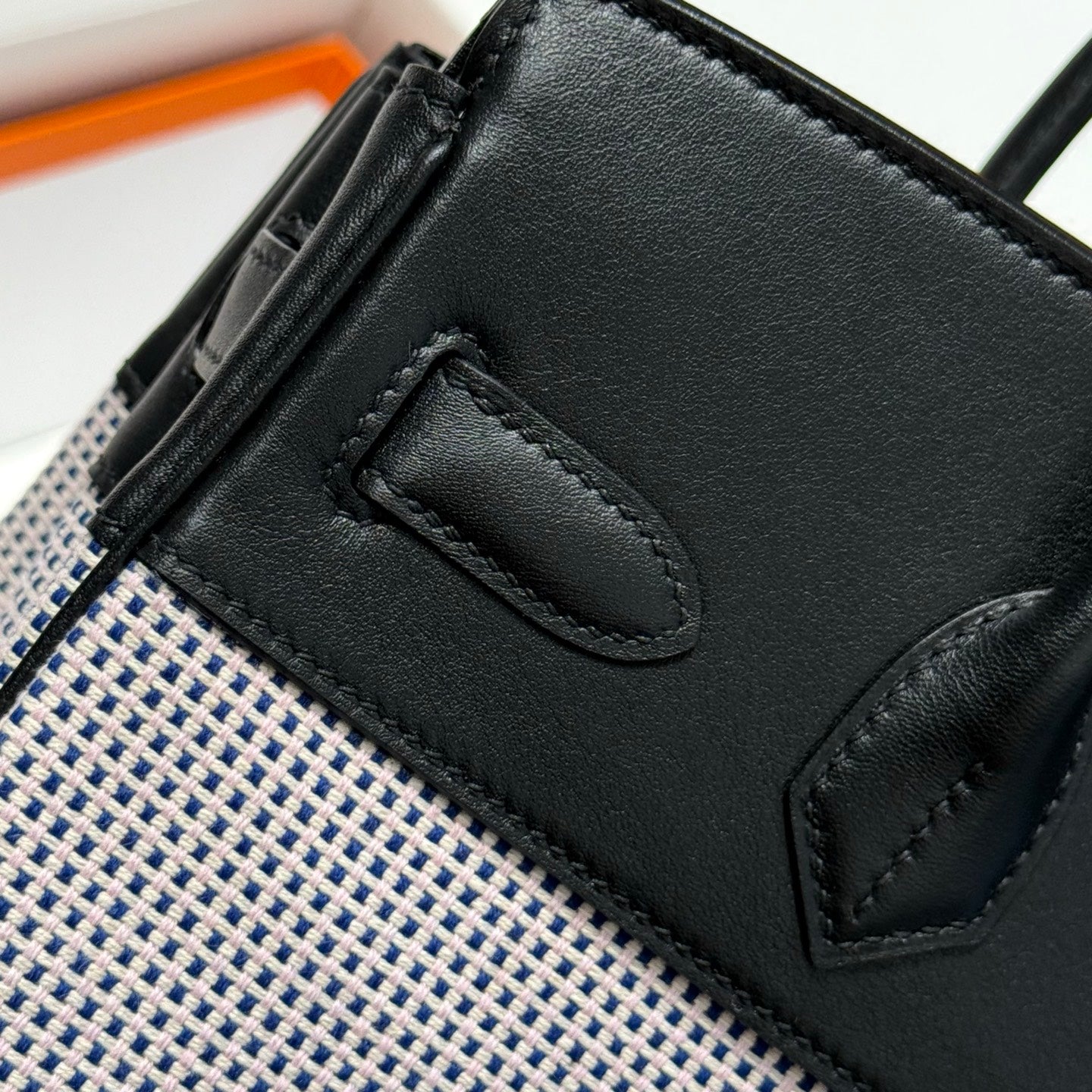 QUADRILLE BIRKIN 30CM IN BLACK SWIFT CALFSKIN WHITE BLUE PINK PLAID TOILE CANVAS