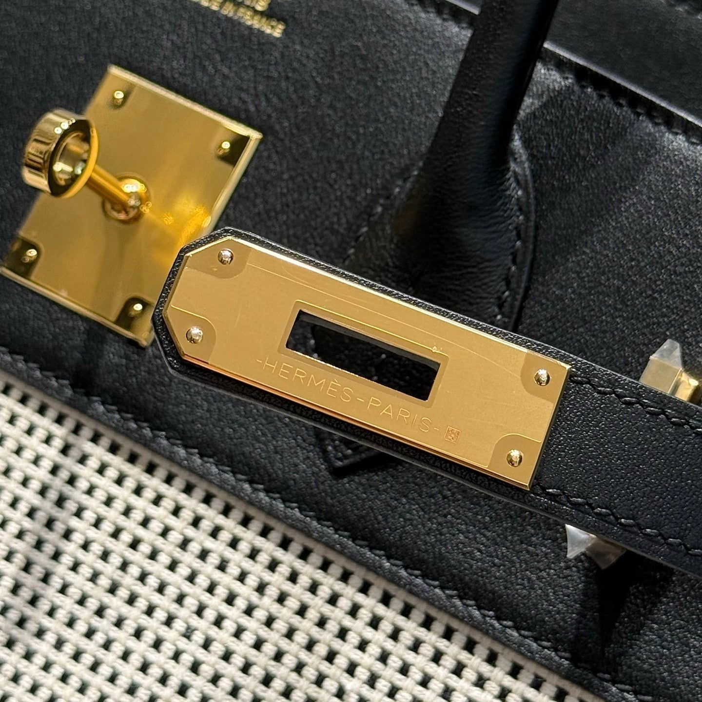 QUADRILLE BIRKIN 30CM IN SCHWARZEM SWIFT-KALBSTLEDER WEISS-SCHWARZ-KARIERTES TOILE-CANVAS