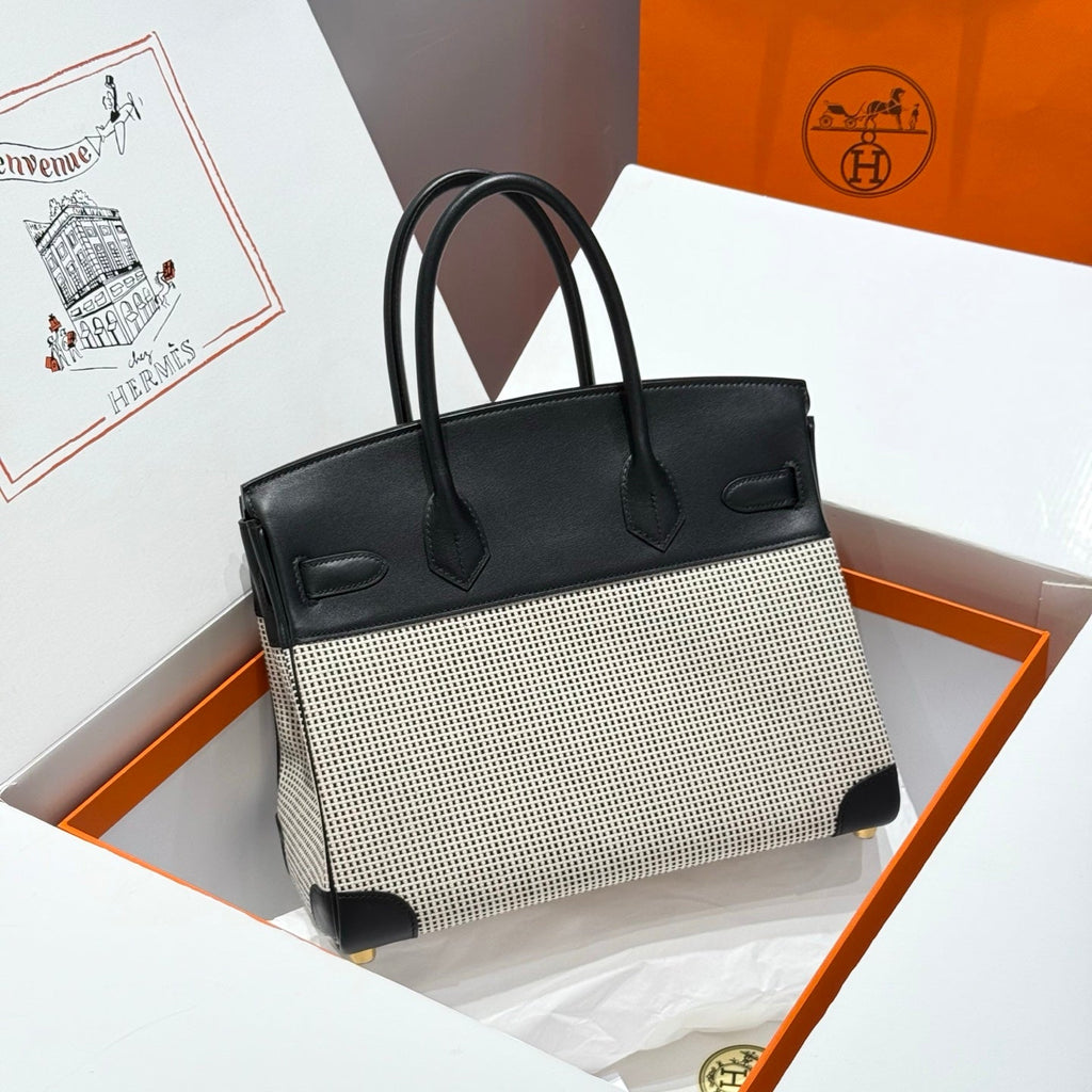 QUADRILLE BIRKIN 30CM IN BLACK SWIFT CALFSKIN WHITE BLACK PLAID TOILE CANVAS