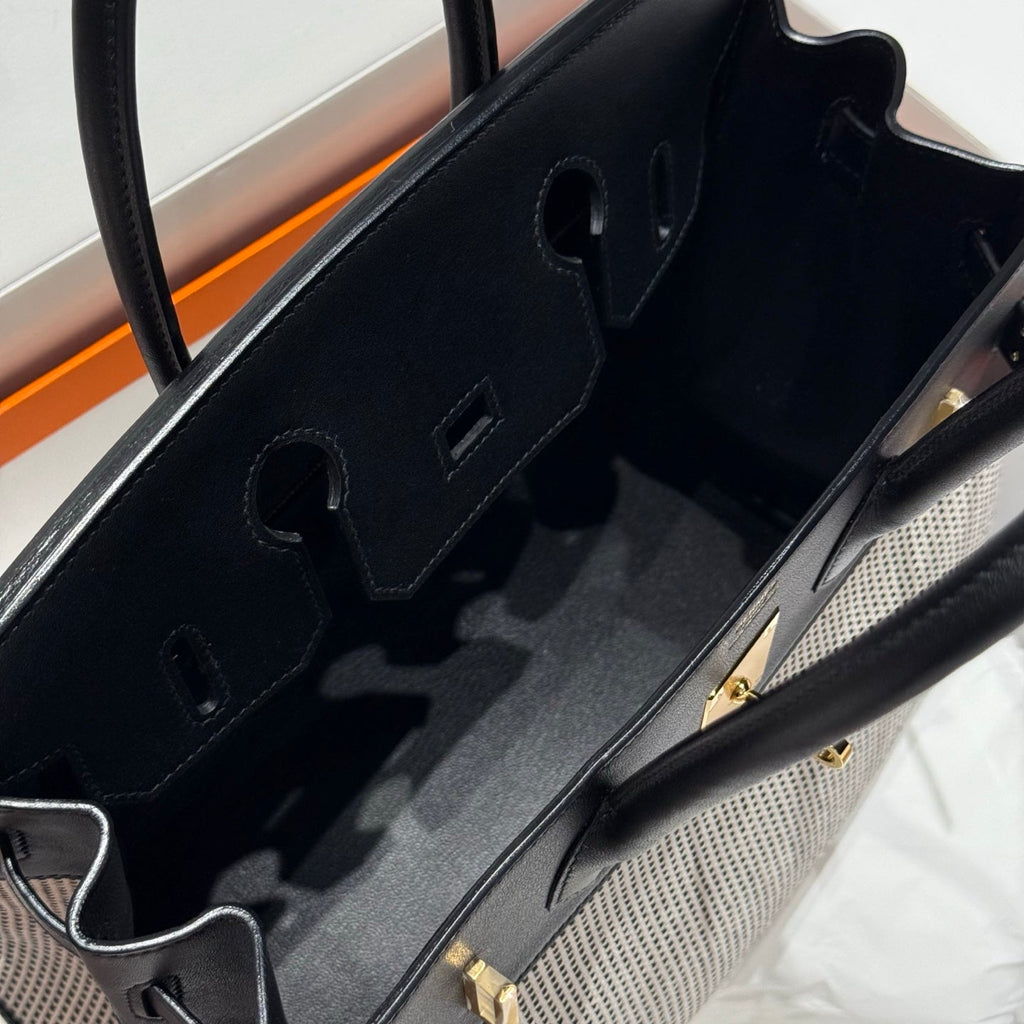 QUADRILLE BIRKIN 30CM IN BLACK SWIFT CALFSKIN WHITE BLACK PLAID TOILE CANVAS