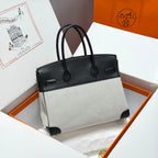 QUADRILLE BIRKIN 30CM IN BLACK SWIFT CALFSKIN WHITE TOILE CANVAS