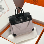QUADRILLE BIRKIN 25CM IN BLACK SWIFT CALFSKIN WHITE BLUE PINK PLAID TOILE CANVAS