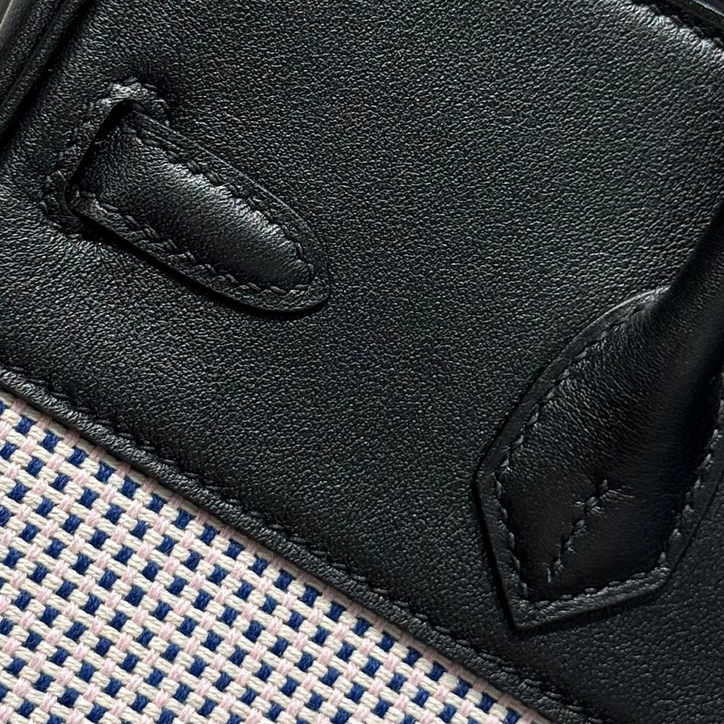 QUADRILLE BIRKIN 25CM IN BLACK SWIFT CALFSKIN WHITE BLUE PINK PLAID TOILE CANVAS